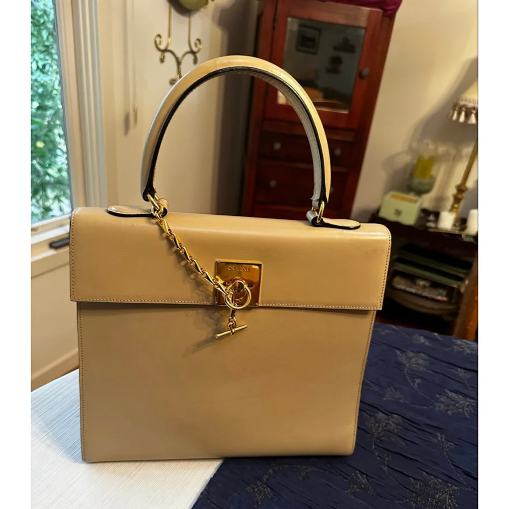 Celine Beige Leather Satchel Bag with Gold Hardware